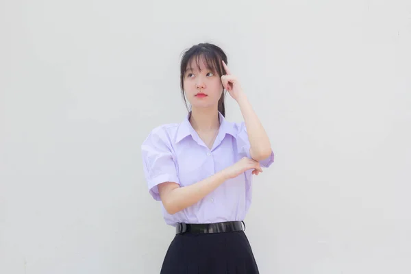Asia Thajská Střední Škola Student Uniforma Krásná Dívka Přemýšlet — Stock fotografie