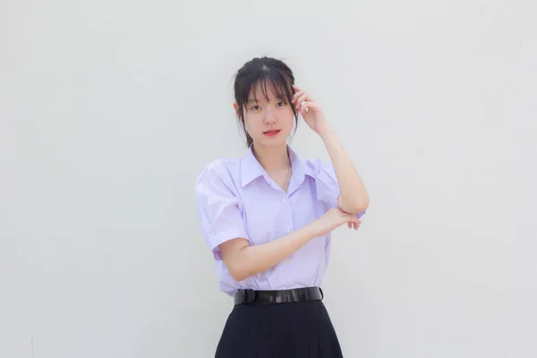 Asia Thai High School Student Uniform Beautiful Girl Think — Fotografia de Stock