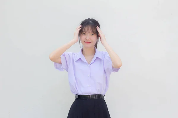 Asia Thai High School Student Uniform Beautiful Girl Think — Fotografia de Stock