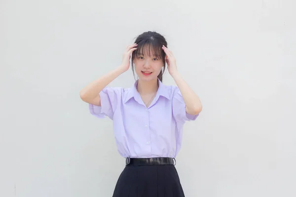 Asia Thajská Střední Škola Student Uniforma Krásná Dívka Přemýšlet — Stock fotografie