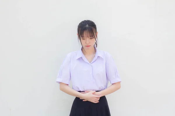 Asia Thai High School Student Uniform Beautiful Girl Stomachache — Stock Photo, Image