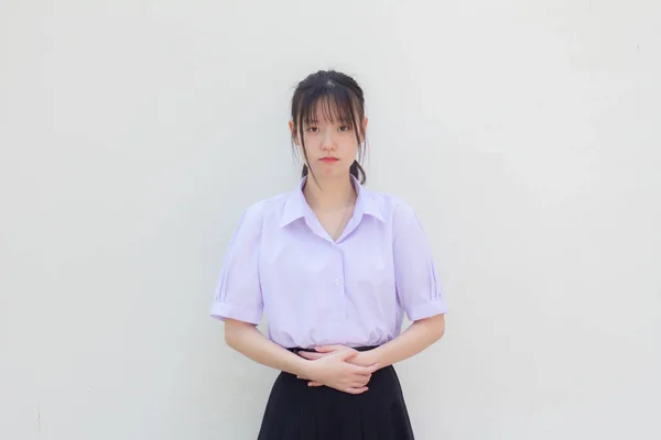 Asia Thai High School Student Uniform Beautiful Girl Stomachache — Stock Photo, Image