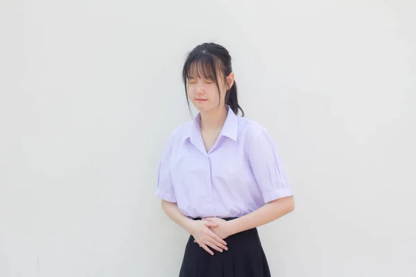 Asia Thai High School Student Uniform Beautiful Girl Stomachache — Stock Photo, Image