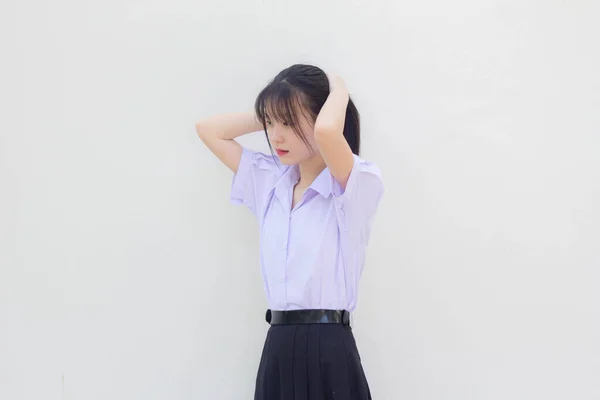 Asia Thai Lycée Étudiant Uniforme Belle Fille Cravate Cheveux — Photo