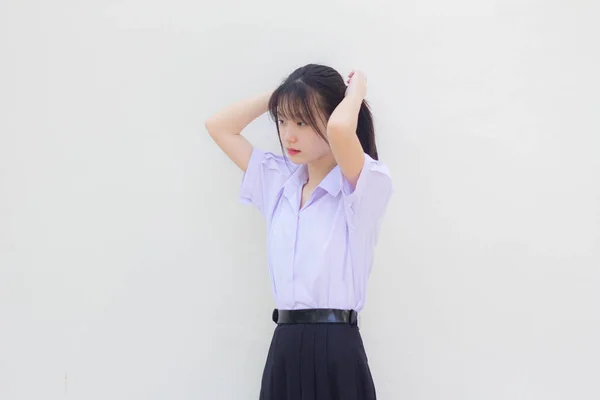 Asia Thai Lycée Étudiant Uniforme Belle Fille Cravate Cheveux — Photo