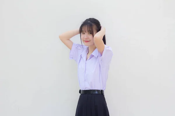 Ασία Thai Γυμνάσιο Στολή Μαθητή Όμορφη Κοπέλα Γραβάτα Μαλλιών — Φωτογραφία Αρχείου