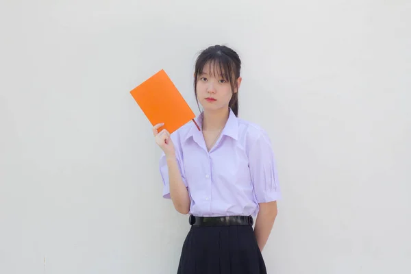 Asia Thai High School Student Uniform Beautiful Girl Show Book — Stock Photo, Image