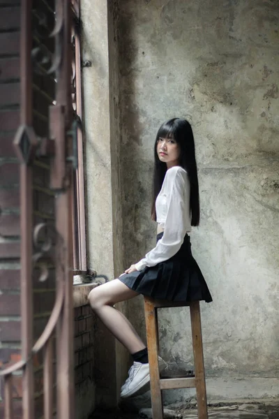 Portrait Thai Adult Beautiful Girl White Shirt Black Skirt Relax — ストック写真