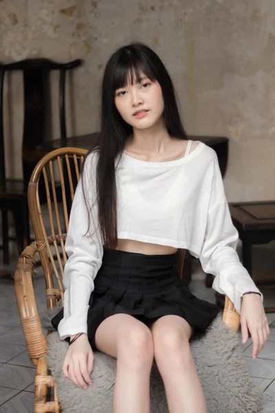 Portrait Thai Adult Beautiful Girl White Shirt Black Skirt Relax — 스톡 사진