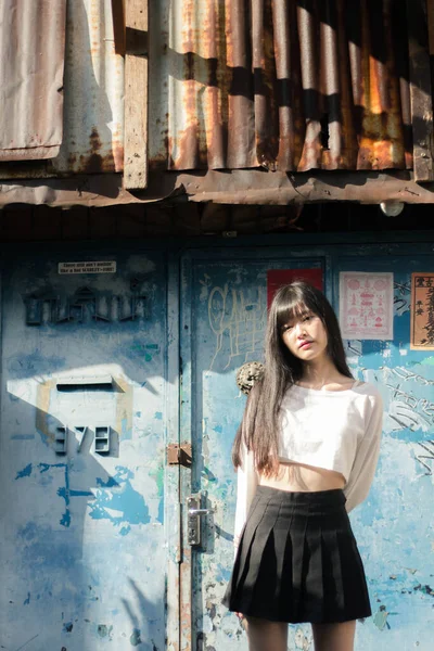 Portrait Thai Adult Beautiful Girl White Shirt Black Skirt Relax — Stockfoto