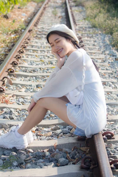 Asia Thai Teen Robe Bleue Belle Fille Sourire Détendre — Photo