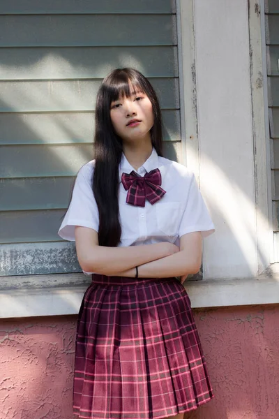 Japonais Adolescent Belle Fille Dans Étudiant Sourire Détendre — Photo