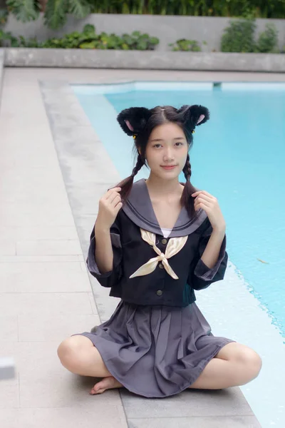 Japonês Teen Bela Menina Estudante Sorriso Relaxar — Fotografia de Stock