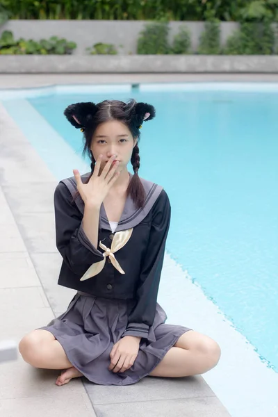 Japonês Teen Bela Menina Estudante Sorriso Relaxar — Fotografia de Stock