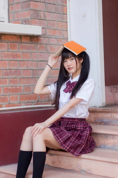 Japansk Tonåring Vacker Flicka Student Leende Och Koppla — Stockfoto