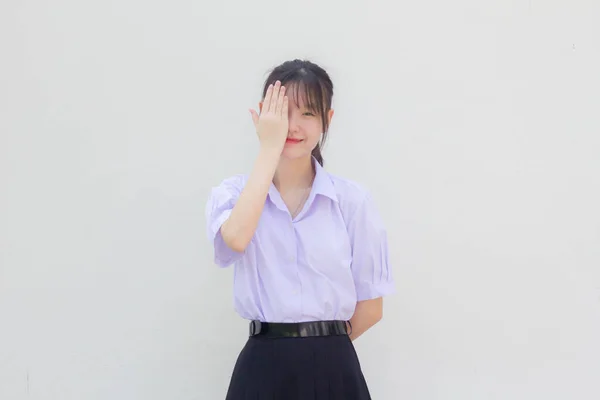 Asia Thai Gymnasiet Student Uniform Vacker Flicka Ögon Stängda — Stockfoto