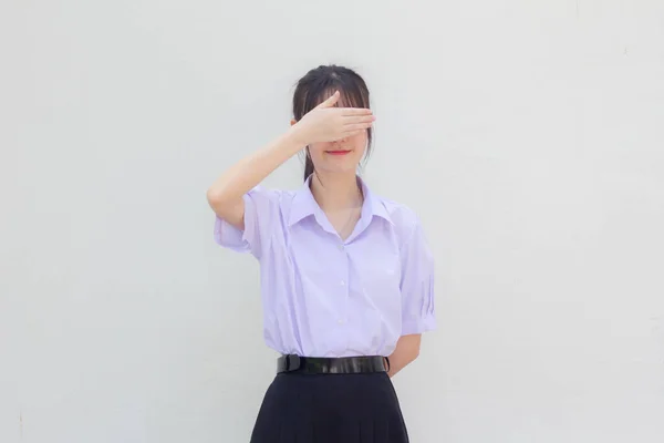 Ásia Tailandês Estudante Ensino Médio Uniforme Bela Menina Olhos Fechados — Fotografia de Stock