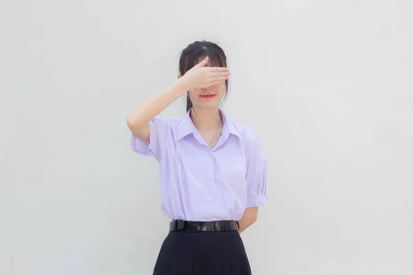 Ásia Tailandês Estudante Ensino Médio Uniforme Bela Menina Olhos Fechados — Fotografia de Stock