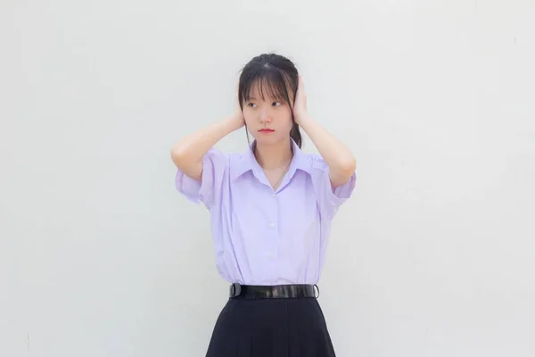 Asia Thai High School Student Uniform Beautiful Girl Listen — Stock Photo, Image