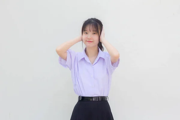 Asia Thai High School Student Uniform Beautiful Girl Listen — Stock Photo, Image