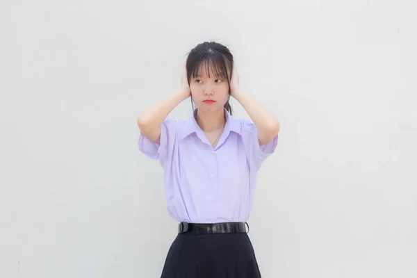 Asiático Tailandés Escuela Secundaria Estudiante Uniforme Hermosa Chica Escuchar — Foto de Stock