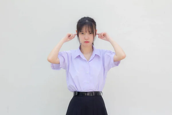 Ásia Tailandês Estudante Ensino Médio Uniforme Bela Menina Não Ouvir — Fotografia de Stock