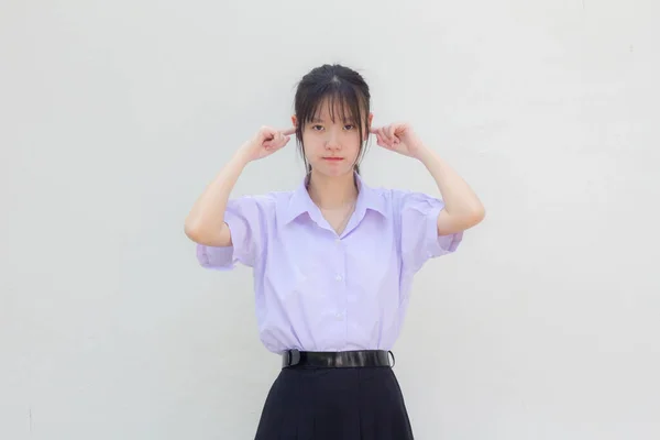 Azjatyckie Tajskie Liceum Student Mundur Piękna Dziewczyna Nie Słuchać — Zdjęcie stockowe