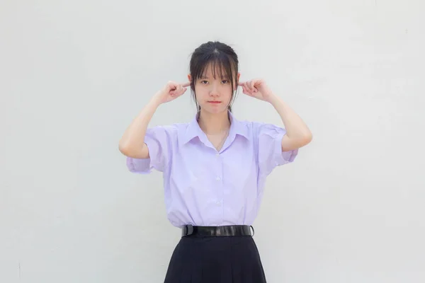 Asia Thai High School Student Uniform Beautiful Girl Listen — Stock Photo, Image