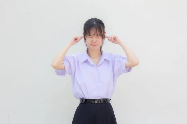 Asiático Tailandés Escuela Secundaria Estudiante Uniforme Hermosa Chica Escuchar —  Fotos de Stock