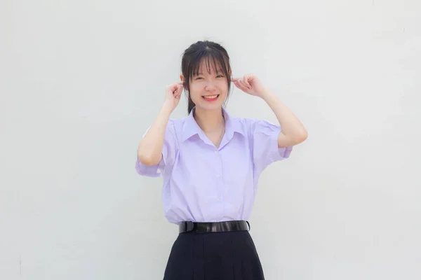 Asia Thajská Střední Škola Student Uniforma Krásná Dívka Neposlouchat — Stock fotografie