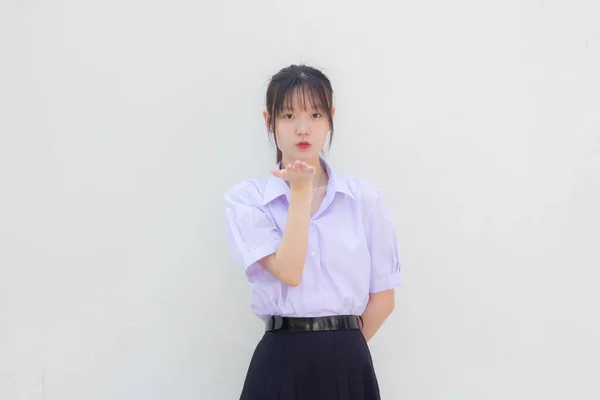 Ásia Tailandês Estudante Ensino Médio Uniforme Bela Menina Enviar Beijo — Fotografia de Stock