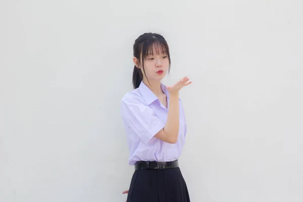 Asia Thai High School Student Uniform Beautiful Girl Send Kiss — Stock Photo, Image