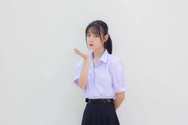 Asia Thai High School Student Uniform Beautiful Girl Send Kiss — Stock Photo, Image