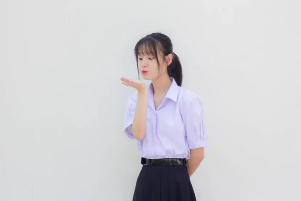 Asia Thai High School Student Uniform Beautiful Girl Send Kiss — Stock Photo, Image