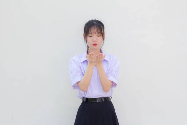 Ásia Tailandês Estudante Ensino Médio Uniforme Bela Menina Enviar Beijo — Fotografia de Stock