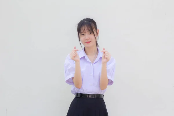 Asia Thai High School Student Uniform Beautiful Girl Give Heart — Foto de Stock