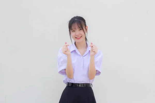 Asia Thai High School Student Uniform Beautiful Girl Give Heart — Stok fotoğraf