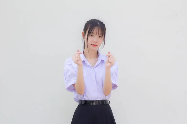 Asia Thai High School Student Uniform Beautiful Girl Give Heart — Zdjęcie stockowe