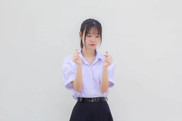 Asia Thai High School Student Uniform Beautiful Girl Give Heart — Stockfoto