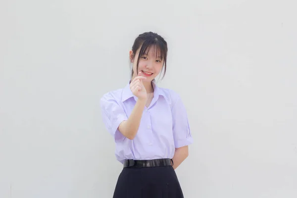 Asia Thai High School Student Uniform Beautiful Girl Give Heart — Stock fotografie