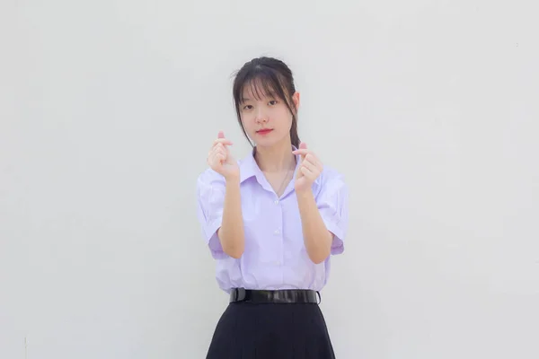 Asia Thai High School Student Uniform Beautiful Girl Give Heart — 스톡 사진