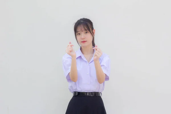 Asia Thai High School Student Uniform Beautiful Girl Give Heart — ストック写真