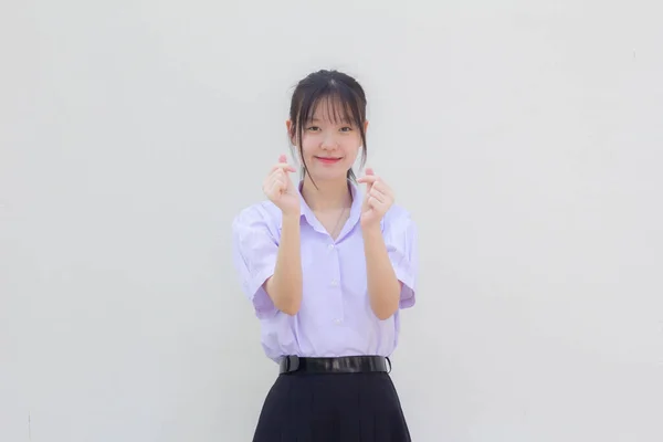 Asia Thai High School Student Uniform Beautiful Girl Give Heart — Stock Photo, Image