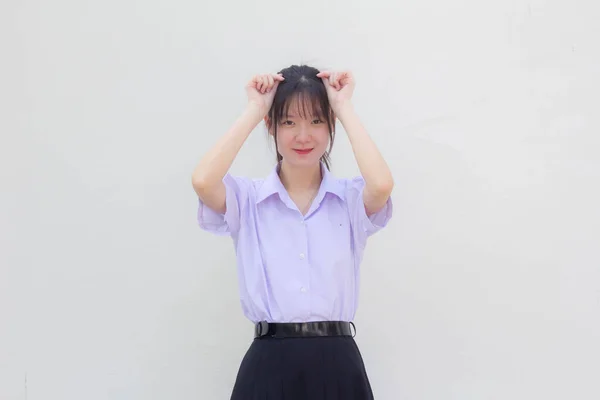 Asia Thai High School Student Uniform Beautiful Girl Give Heart — Stock Fotó