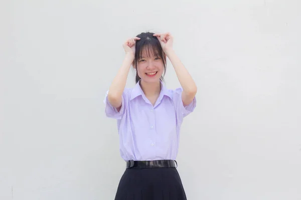 Asia Thai High School Student Uniform Beautiful Girl Give Heart — Stock fotografie