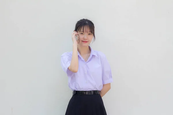 Asia Thai High School Student Uniform Beautiful Girl Calling Smartphone — Stock Photo, Image