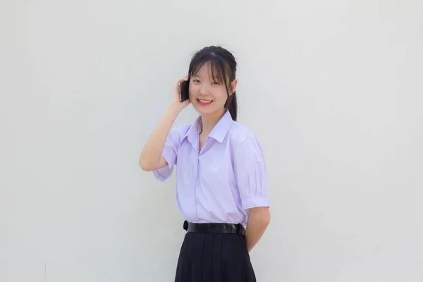 Asia Thai High School Student Uniform Beautiful Girl Calling Smartphone — Stock Photo, Image