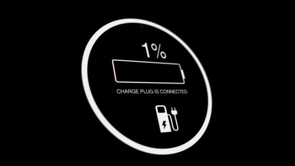 Elektronik araba görüntüsü. Elektrikli araç akü şarj göstergesi pil şarjının 0 'dan 100' e çıktığını gösteriyor. Alternatif enerji kaynakları. — Stok video