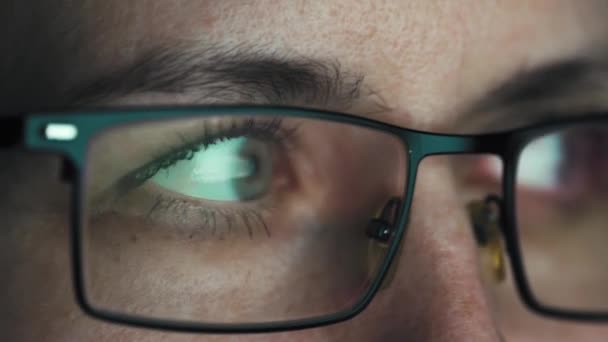 Timelapse shot, close-up of a womans eye looking at a computer screen while surfing the internet. The display light is reflected in the glasses. The pupils move quickly in different directions. — Stock Video