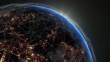 Dünya 'nın etrafındaki Global Dijital Ağ. Büyük Veri Bulutu. Plexus Hatlarıyla Dünya Bağlantıları. Kusursuz döngü, 3D animasyon.